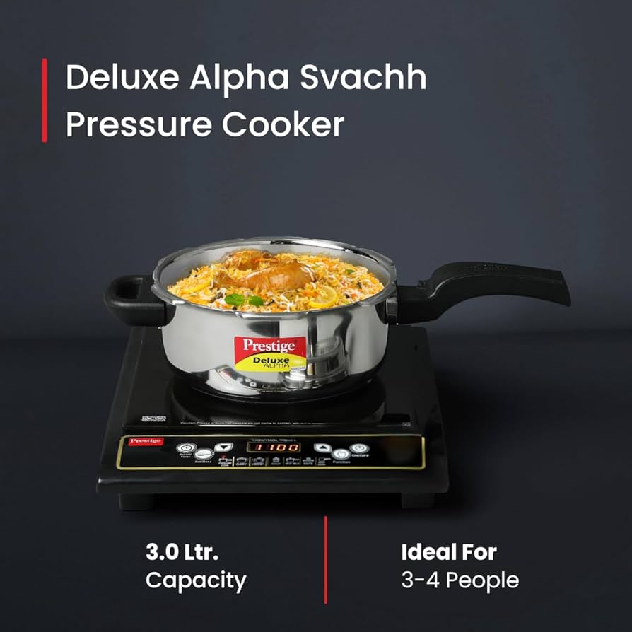 Prestige 3L Svachh Deluxe Alpha stainless steel Pressure Cooker|Outer lid|3-4 personsl|Deep lid for spillage control|Gas & induction compatible|Controlled GasketRelease System|10 years warranty