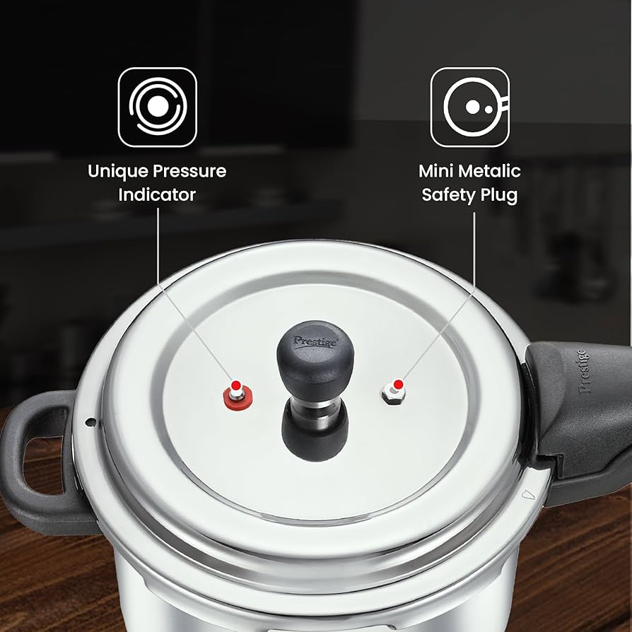Prestige 4 Litres Svachh Deluxe Alpha Induction Base Outer Lid Stainless Steel Pressure Cooker | Deep lid controls spillage