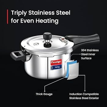 Prestige Svachh Triply Outer Lid Pressure Cooker with Unique Deep Lid for Spillage Control, 3 Litre, 304 Stainless Steel Inner Surface, Thick Gauge, 3 litre
