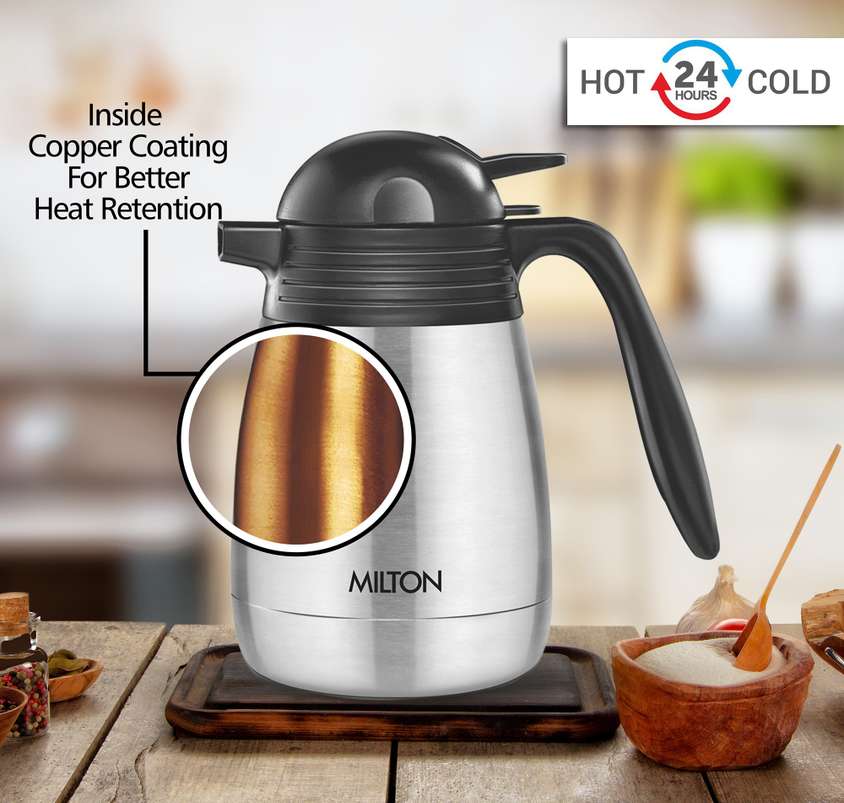 Milton Carafe 600 Stainless Steel Double Walled Vacuum Insulated Flask with Lid and Handle, 600 ml, Coffee/Tea Carafe Heat & Cold Retention, Leak Proof, Rust Free, Easy to Carry