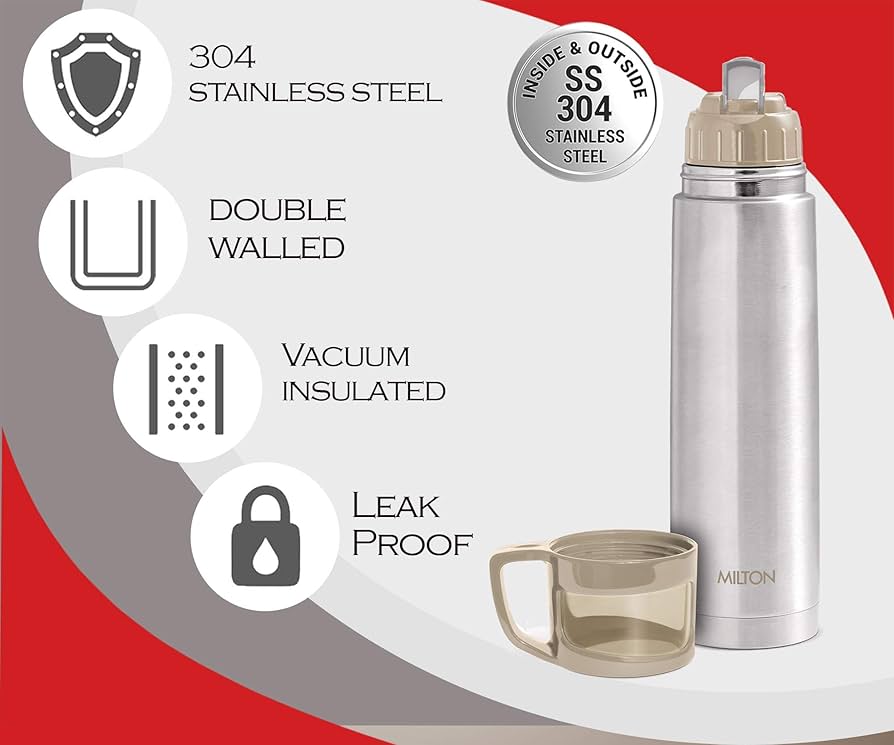 MILTON Glassy 750 Ml Thermosteel Vacuum Insulated Double Walled Flask with Drinking Cup lid & Jacket, 750 ml flask,24 Hours Hot & Cold, Easy to Carry,Rust Proof, Tea, Coffee, Travel Bottle