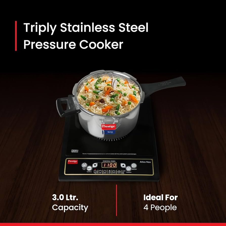 Prestige Svachh Triply Outer Lid Pressure Cooker with Unique Deep Lid for Spillage Control, 3 Litre, 304 Stainless Steel Inner Surface, Thick Gauge, 3 litre