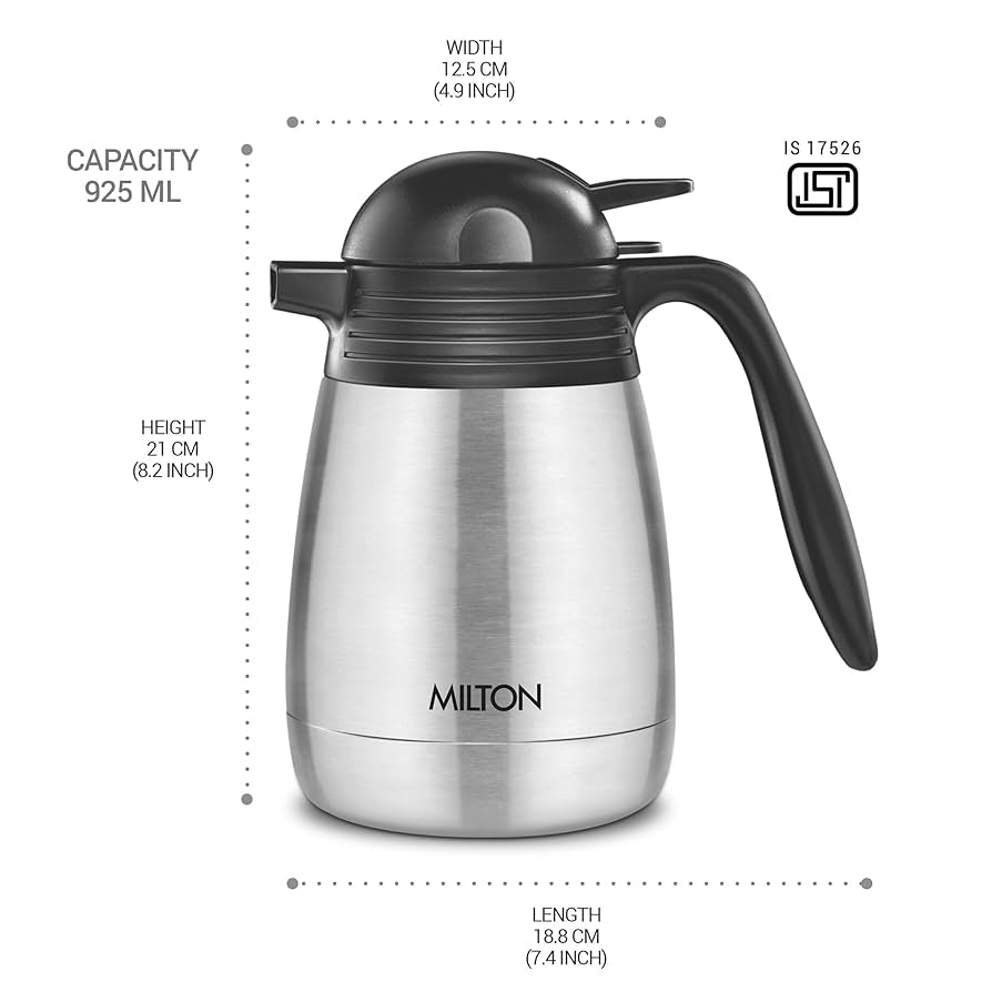 Milton Carafe 1000 Ml Stainless Steel Double Walled Vacuum Insulated Flask with Lid and Handle,1000 ml,ISI Certified, Coffee/Tea Carafe Heat & Cold Retention, Leak Proof, Rust Free, Easy to Carry