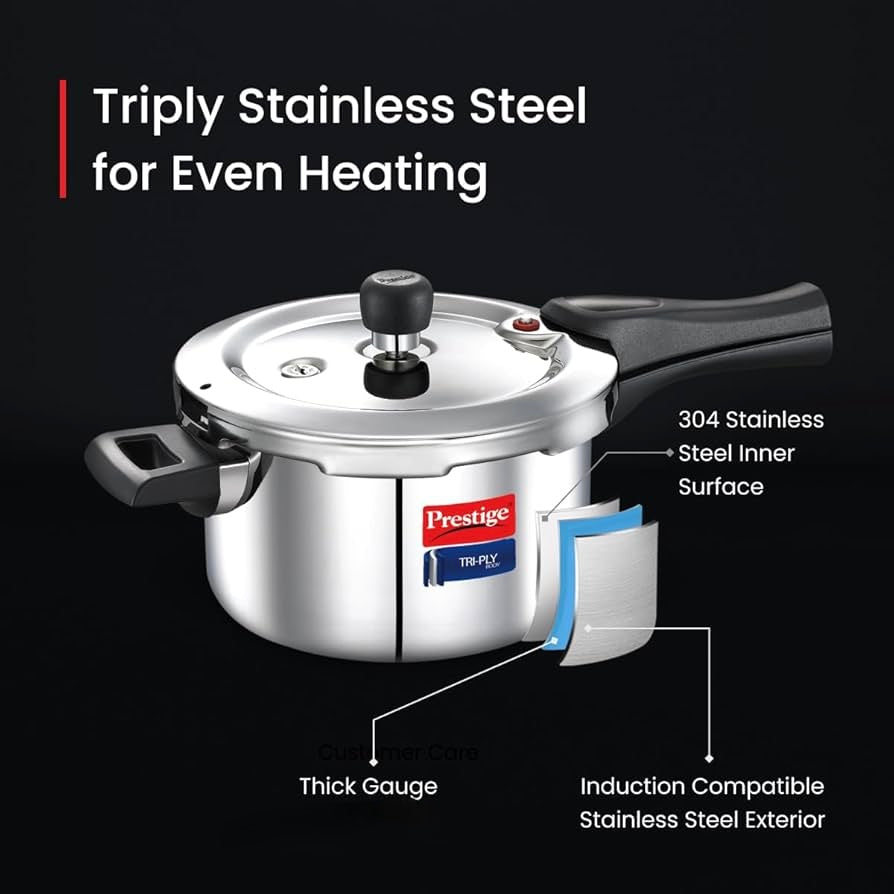 Prestige Svachh Triply Outer Lid Pressure Cooker with Unique Deep Lid for Spillage Control, 5 Litre, 304 Stainless Steel Inner Surface, Thick Gauge, 5 litre