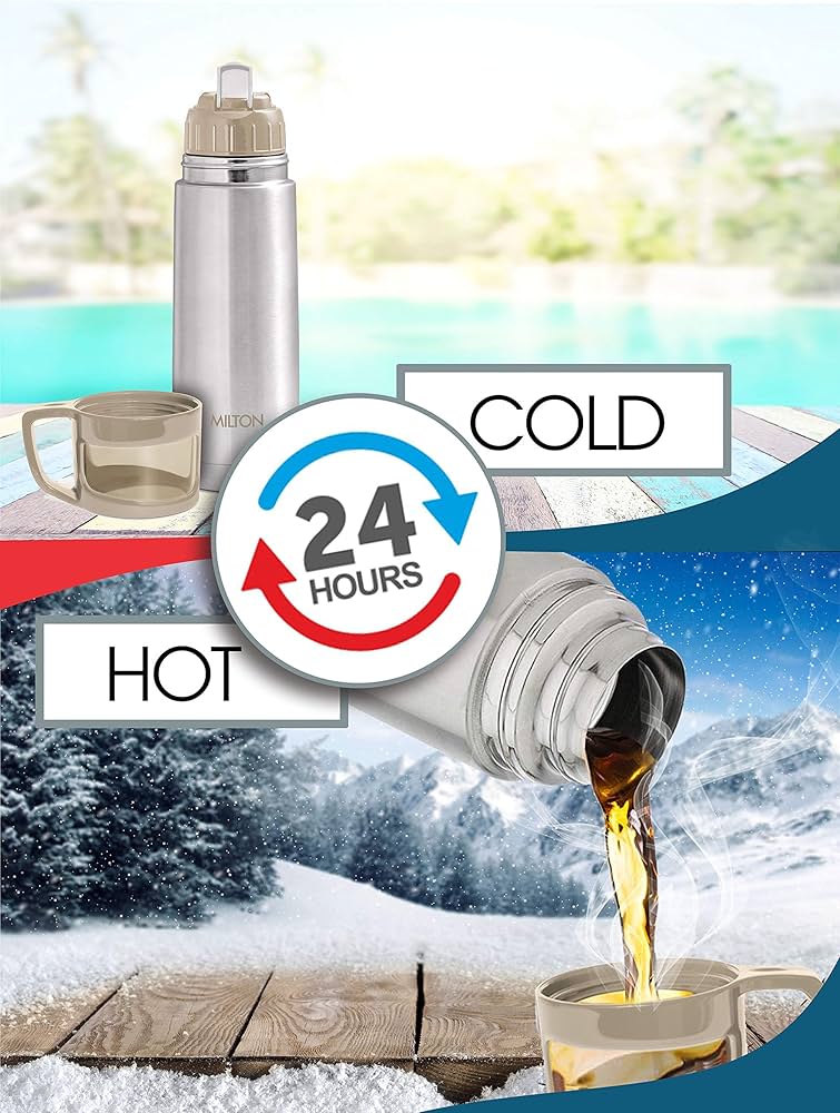 MILTON Glassy 350 Ml Thermosteel Vacuum Insulated Double Walled Flask with Drinking Cup lid & Jacket, 350 ml flask,24 Hours Hot & Cold, Easy to Carry,Rust Proof, Tea, Coffee, Travel Bottle,Grey