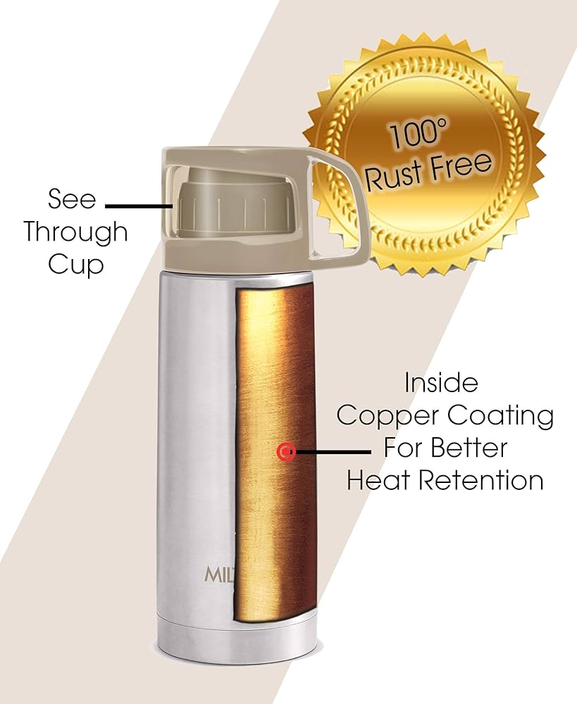 MILTON Glassy 350 Ml Thermosteel Vacuum Insulated Double Walled Flask with Drinking Cup lid & Jacket, 350 ml flask,24 Hours Hot & Cold, Easy to Carry,Rust Proof, Tea, Coffee, Travel Bottle,Grey