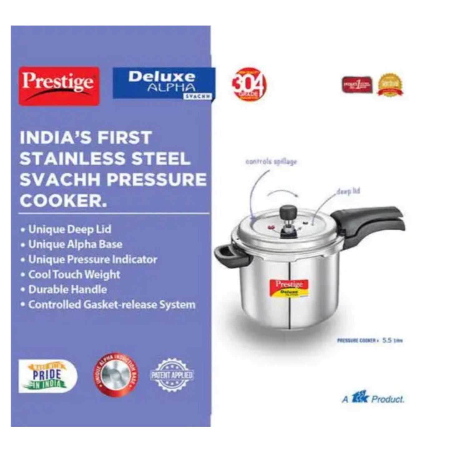 Prestige 5.5L Deluxe Alpha Svachh Stainless Steel Pressure Cooker