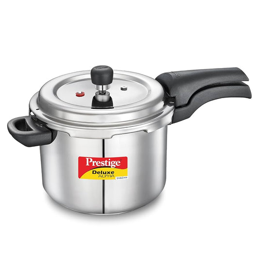 Prestige 4 Litres Svachh Deluxe Alpha Induction Base Outer Lid Stainless Steel Pressure Cooker | Deep lid controls spillage