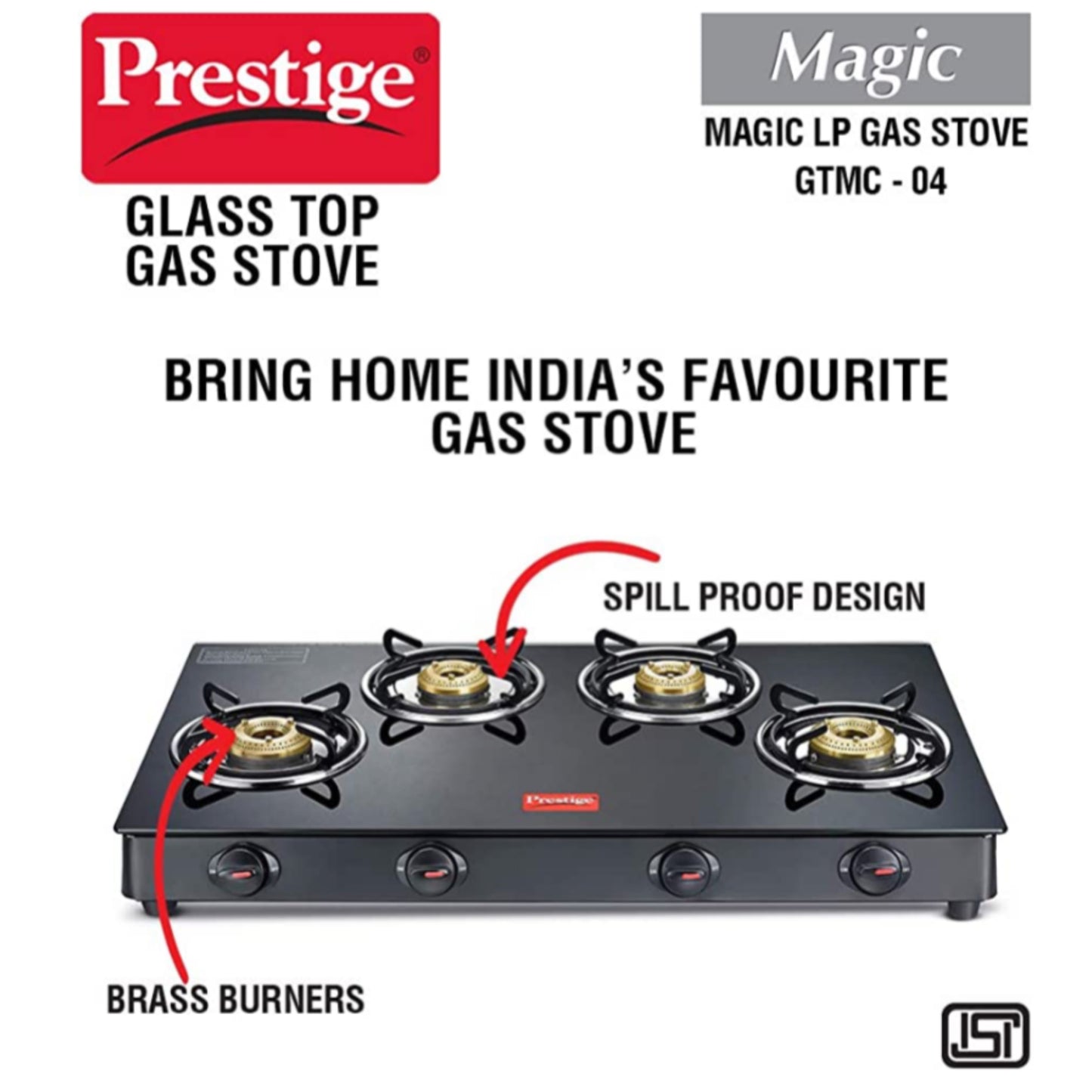 Prestige Magic Toughened Glass Top 4 Brass Burner Gas Stove