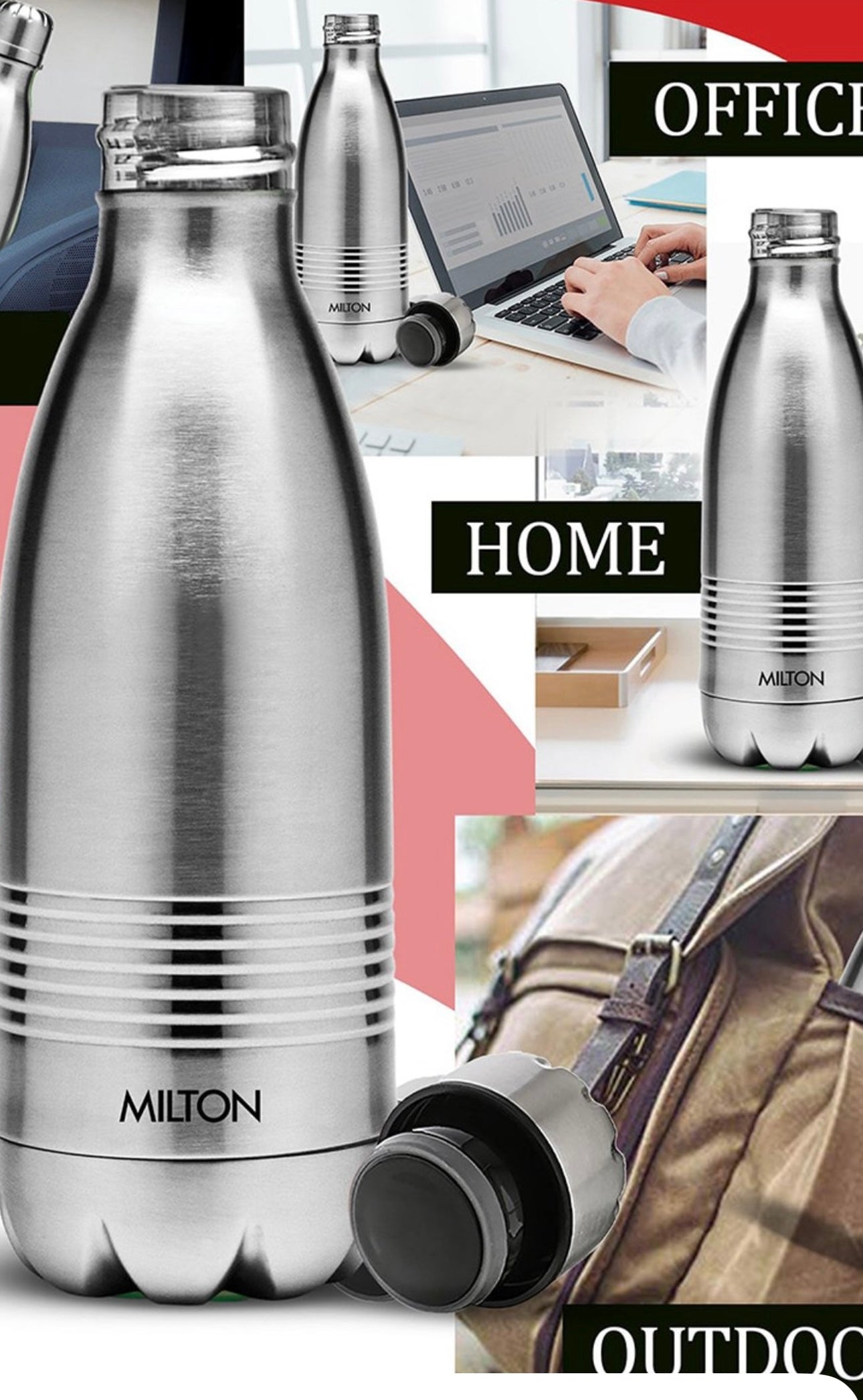 Milton Duo DLX 350 Ml Thermosteel Water Bottle 350 ml, 24 Hr Hot and Cold I Leak Proof Lid, ISI Certified I Vacuum Insulated I for Office, Gym, School
