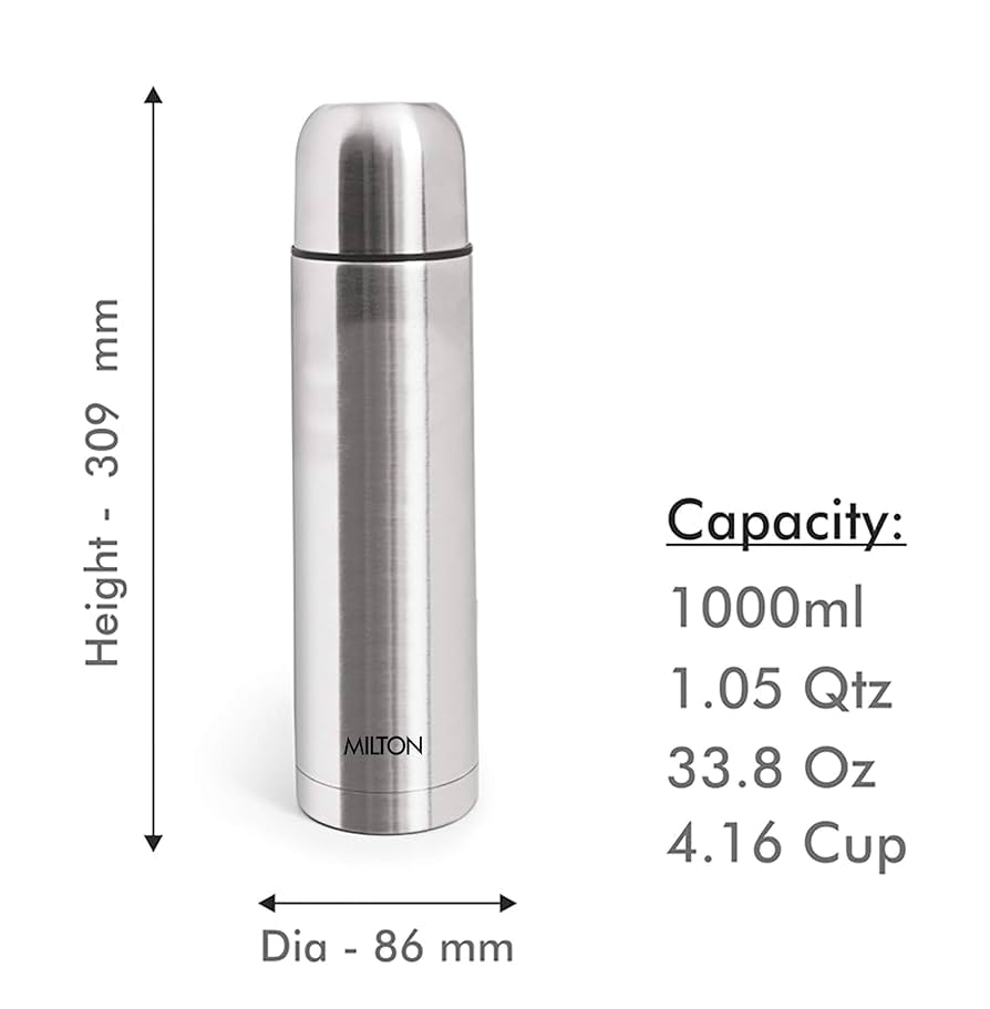 Milton Plain Lid 1000 Ml Thermosteel flask 1 litre, 24 Hr Hot and Cold I Leak Proof Lid, ISI Certified I Vacuum Insulated I for Office, Gym, School