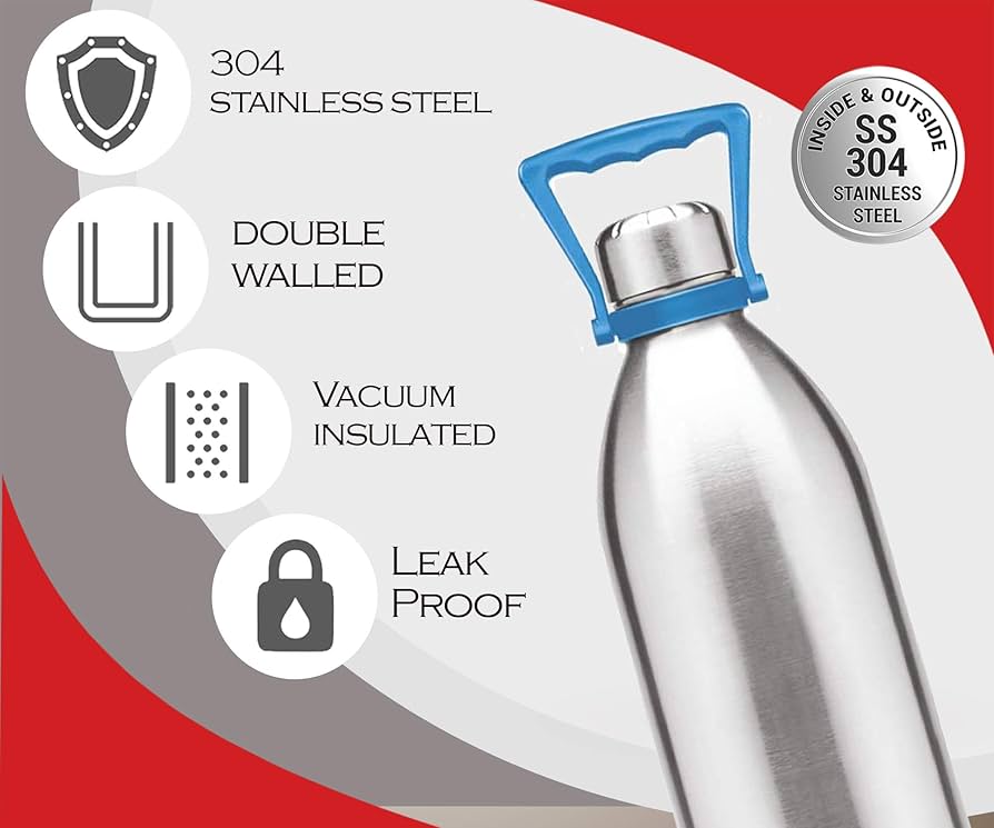 Milton Duo DLX 2000 Ml Thermosteel Bottle, 2 Litre Water Bottle with handle, 24 Hours Hot and Cold, Easy to Carry, Easy Grip, Rust Proof, Tea, Coffee, Office, Travel Bottle
