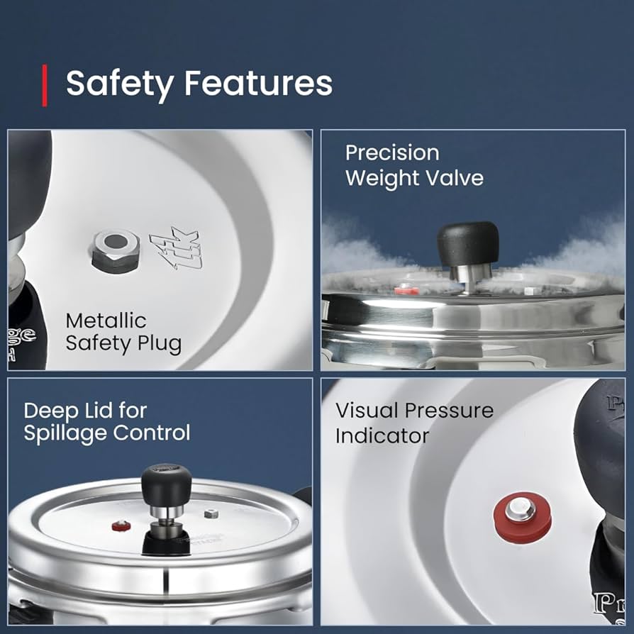 Prestige 5L Deluxe Alpha Svachh stainless steel Pressure Cooker|Outer lid|Ideal for 5-7 persons|Deep lid for spillage control|Gas & induction compatible