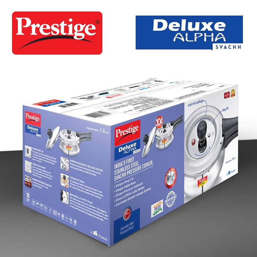 Prestige Deluxe Alpha Svachh Stainless Steel Pressure Cooker Handi 1.5L With Glass Lid (With Deep Lid For Spillage Control )