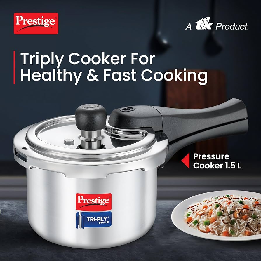 Prestige Svachh Triply Outer Lid Pressure Cooker with Unique Deep Lid for Spillage Control, 1.5 Litre, 304 Stainless Steel Inner Surface, Thick Gauge ,1.5 Litre