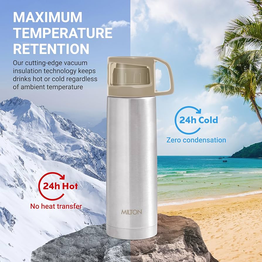 Milton Glassy 500Ml Thermosteel Vacuum Insulated Double Walled Flask with Drinking Cup lid & Jacket, 500 ml flask, 24 Hours Hot & Cold, Easy to Carry,Rust Proof, Tea, Coffee, Travel Bottle