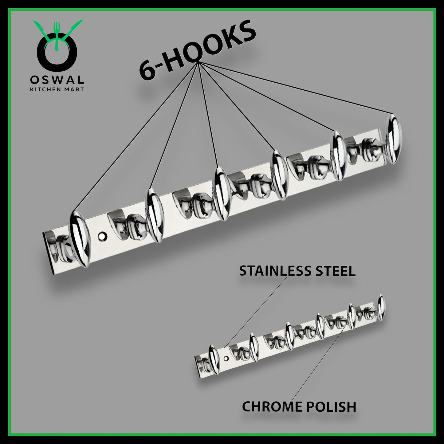 Stainless Steel Wall Mounted 6-Hook Hanger Rack (Pack of 1)