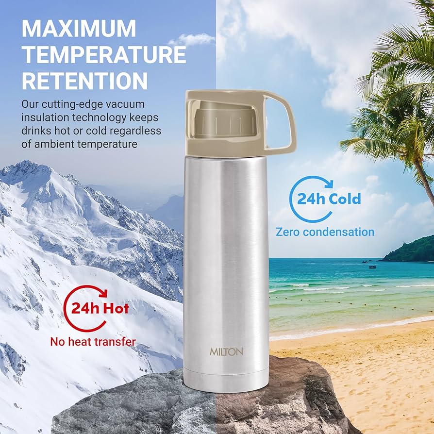 Milton Glassy 1000 Ml Thermosteel Vacuum Insulated Double Walled Flask with Drinking Cup lid & Jacket, 1000 ml flask ,24 Hours Hot & Cold,Easy to Carry,Rust Proof, Tea, Coffee,Travel Bottle