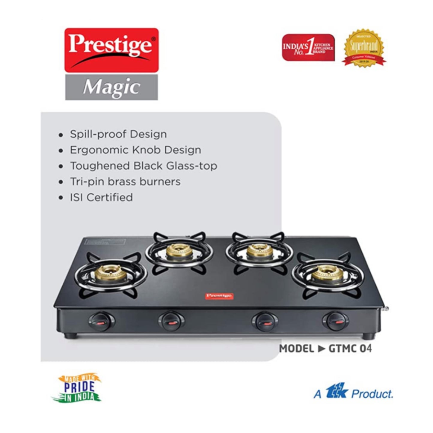 Prestige Magic Toughened Glass Top 4 Brass Burner Gas Stove
