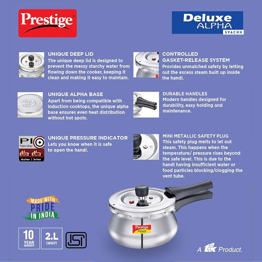 Prestige Svachh,2 L, Alpha Baby Pressure Cooker, With Deep Lid For Spillage Control, Stainless Steel, Outer Lid, 2 Litres