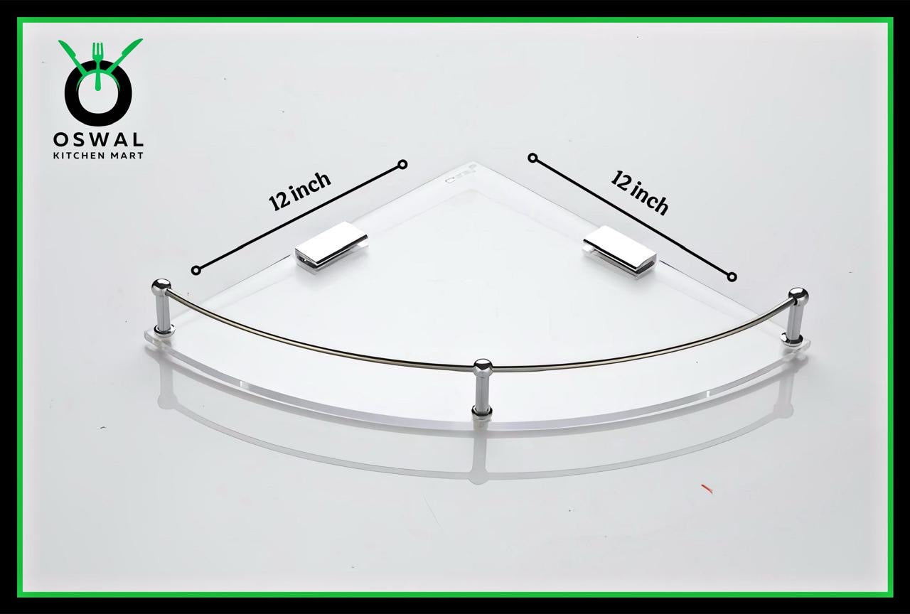 Chirag 12x12 Inch Clear Acrylic Corner Shelf with Stainless Steel Railing – Pack of 1