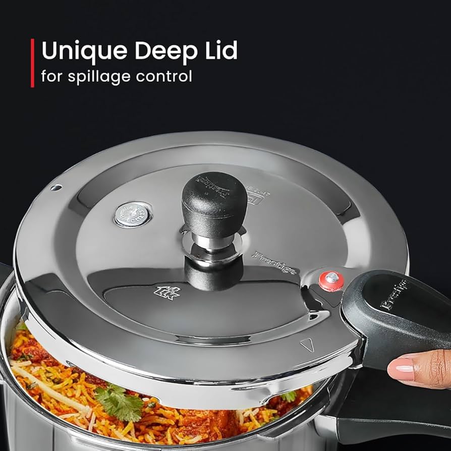 Prestige Svachh Triply Outer Lid Pressure Cooker with Unique Deep Lid for Spillage Control, 3 Litre, 304 Stainless Steel Inner Surface, Thick Gauge, 3 litre