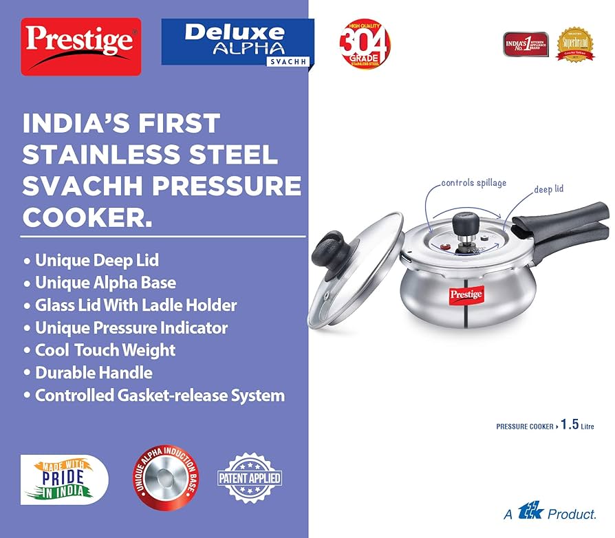 Prestige Deluxe Alpha Svachh Stainless Steel Pressure Cooker Handi 1.5L With Glass Lid (With Deep Lid For Spillage Control )