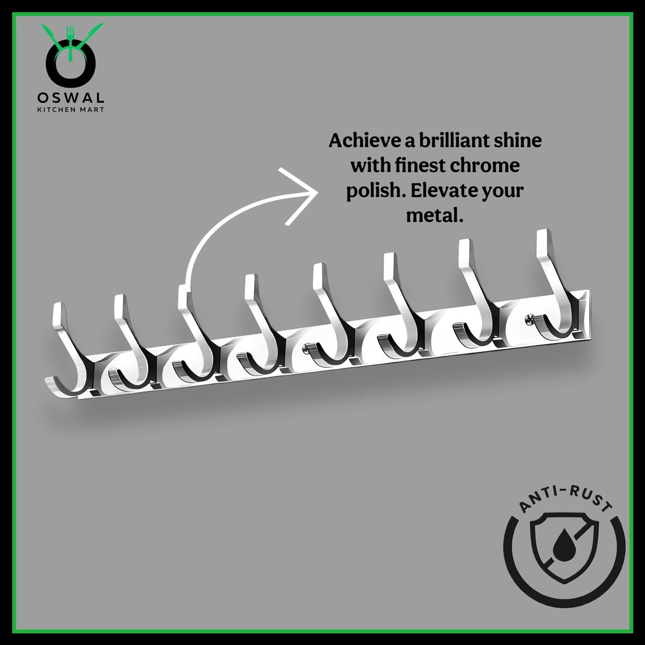 Stainless Steel Wall Mount 8 Hook Hanger – 40.5cm | Premium Towel, Key & Kitchen Hook Rail (Pack of 1)
