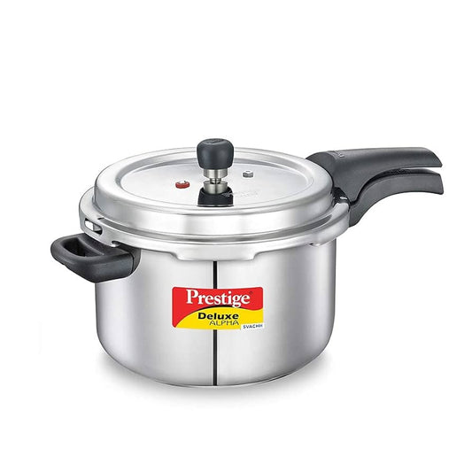 Prestige 6.5 Litres Deluxe Alpha Svachh Induction Base Outer Lid Stainless Steel Pressure Cooker | Deep lid controls spillage