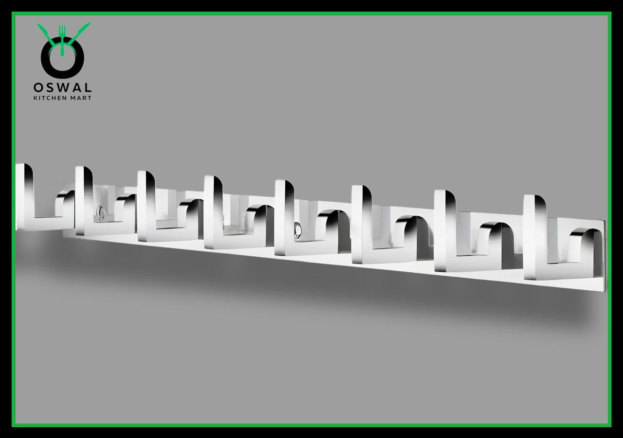 Stainless Steel Wall Mount 8-Hook Hanger | 44x3cm Bathroom & Kitchen Towel Holder | Rustproof Multipurpose Hook Rail (Pack of 1)