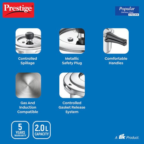 Prestige 2L Popular Svachh Stainless Steel Outer Lid Pressure Cooker , 2 Litres