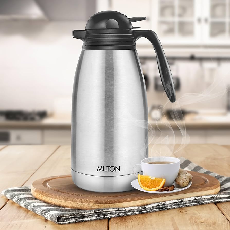 Milton Carafe 2000Ml Stainless Steel Double Walled Vacuum Insulated Flask with Lid and Handle, 2000 ml, Coffee/Tea Carafe Heat & Cold Retention, Leak Proof, Rust Free, Easy to Carry