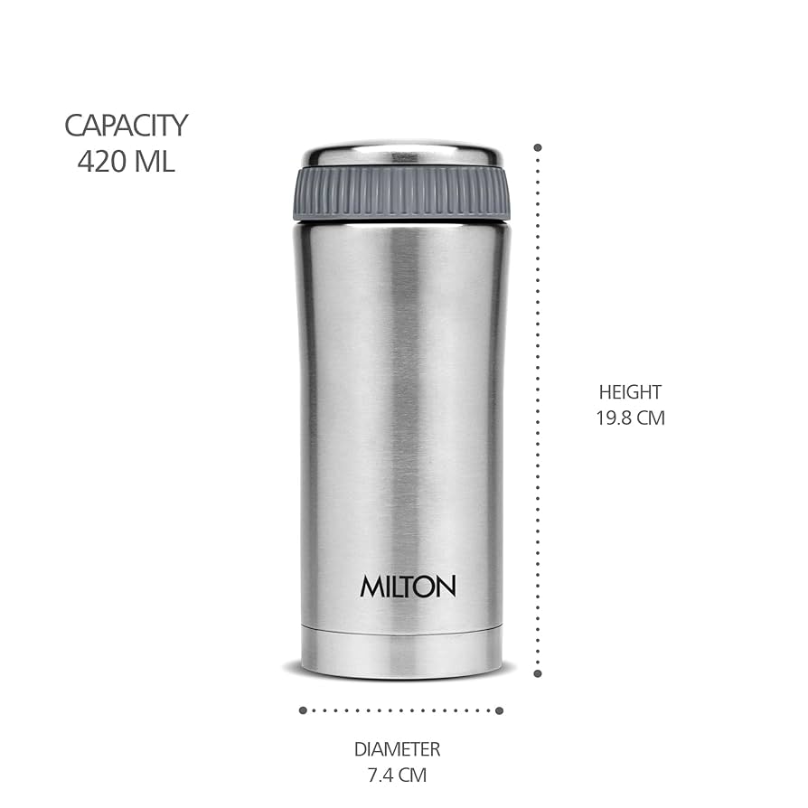 Milton Optima 420 Ml Thermosteel Hot and Cold Flask, 420 ml | ISI Certified | Vacuum Insulated | Rust Proof | Leak Proof | Tea | Coffee | Juice