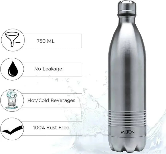 Milton Duo DLX 750 Ml Thermosteel 750 ml Water Bottle, 24 Hr Hot and Cold I Leak Proof Lid, ISI Certified I Vacuum Insulated I for Office, Gym, School