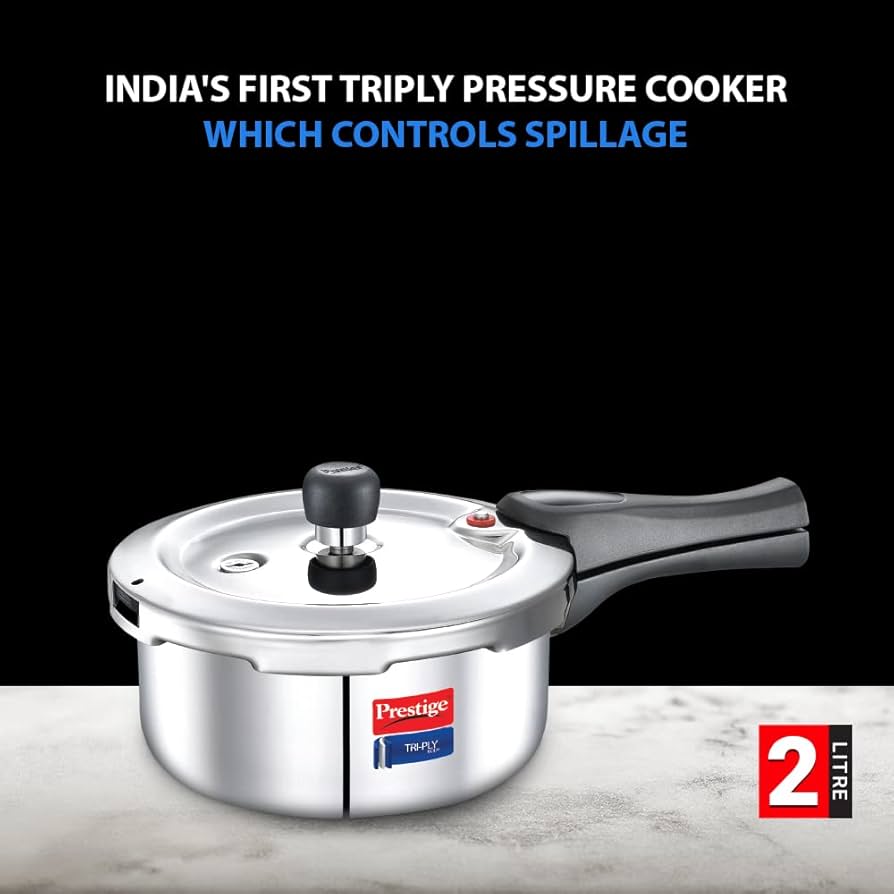 Prestige Svachh Triply Outer Lid Pressure Cooker with Unique Deep Lid for Spillage Control, 2 Litre, 304 Stainless Steel Inner Surface, Thick Gauge, 2 litre