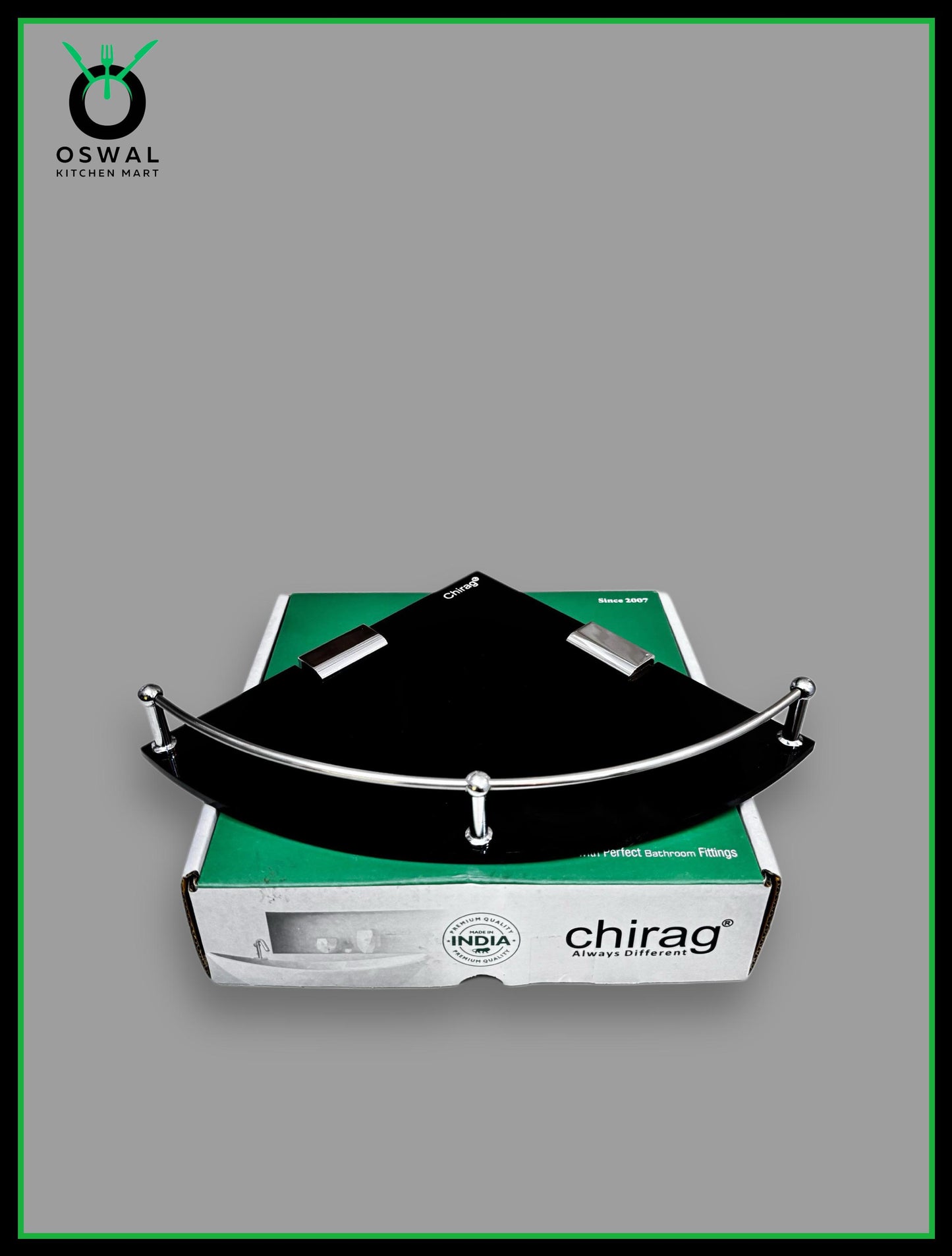 Chirag 8x8 Inch Black Premium Acrylic Corner Shelf with Stainless Steel Railing – Pack of 1 | Bathroom Shelf & Accessories | Wall Mounted Rack for Kitchen, Office, Wash Area | Multipurpose Organizer