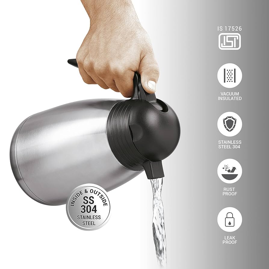 Milton Carafe 1000 Ml Stainless Steel Double Walled Vacuum Insulated Flask with Lid and Handle,1000 ml,ISI Certified, Coffee/Tea Carafe Heat & Cold Retention, Leak Proof, Rust Free, Easy to Carry