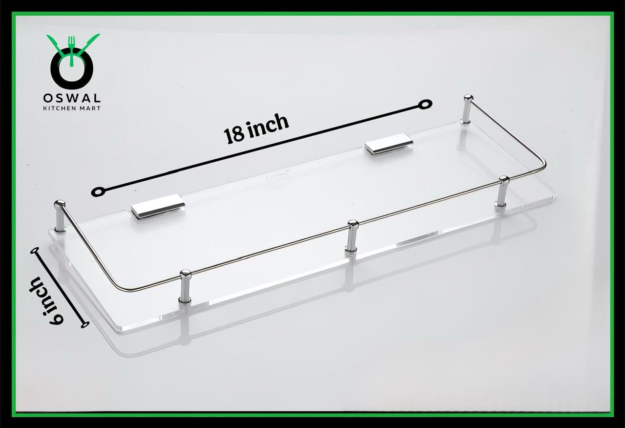 Chirag 18x6 Inch Clear Acrylic Shelf with Stainless Steel Railing – Pack of 1
