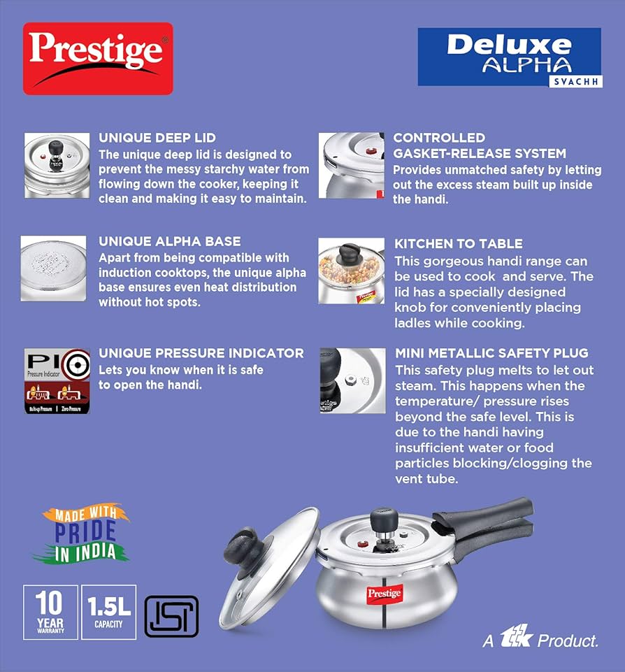 Prestige Deluxe Alpha Svachh Stainless Steel Pressure Cooker Handi 1.5L With Glass Lid (With Deep Lid For Spillage Control )
