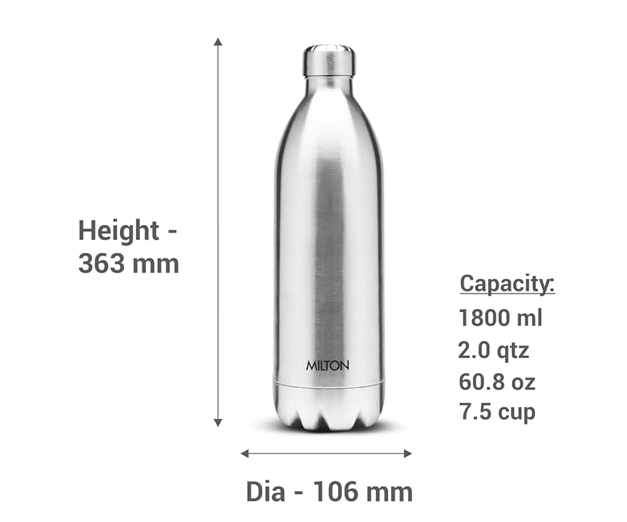 Milton Duo DLX 1800 Ml Thermosteel Water Bottle 1.8 Litre, 24 Hr Hot and Cold I Leak Proof Lid, ISI Certified I Vacuum Insulated I for Office, Gym, School