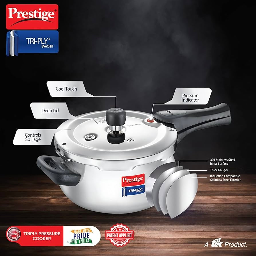 Prestige 5 Litre Svachh Tri-Ply handi pressure cooker(outer lid)|Deep Lid for spillage control|5 years warranty