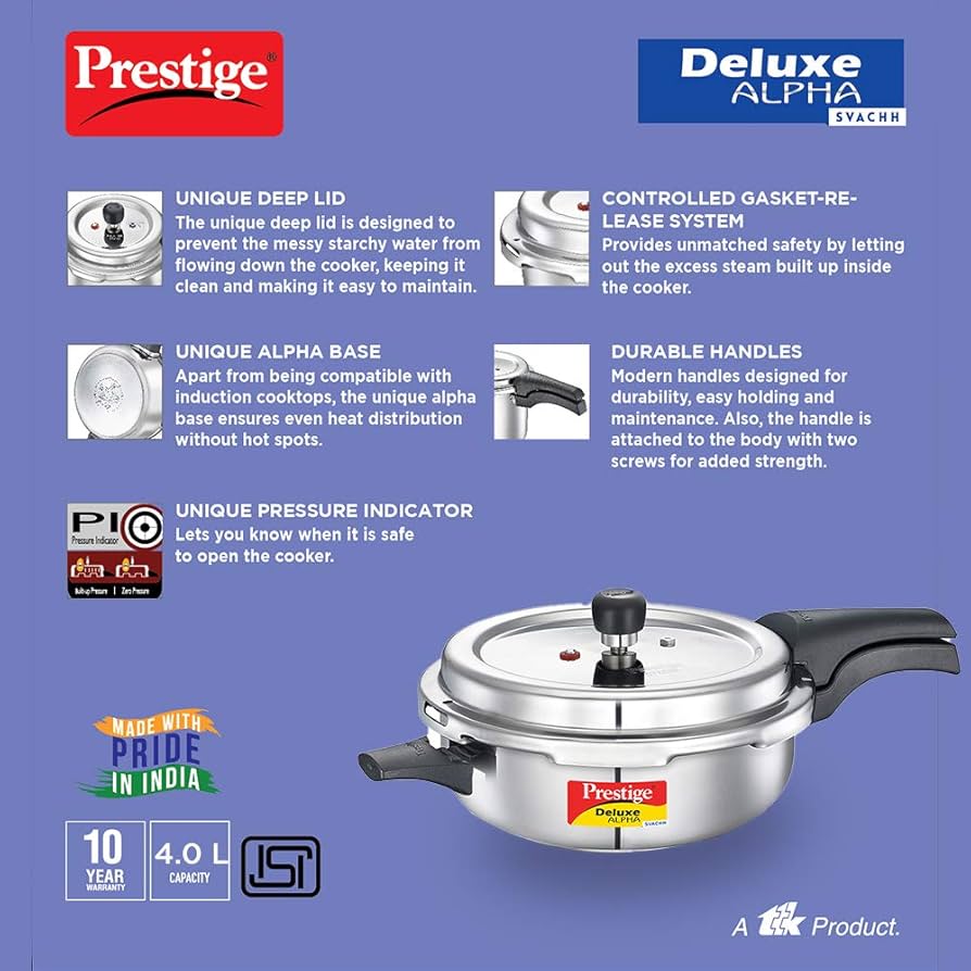 Prestige 4L Svachh Deluxe Alpha Senior Pressure Cooker stainless steel|Outer lid|Ideal for 4-6 persons|Deep lid for spillage control|Gas & induction compatible|10 years warranty