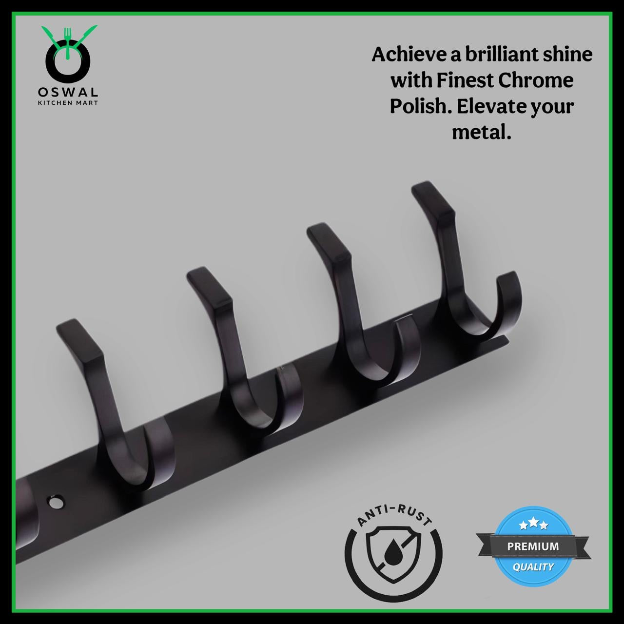 Stainless Steel Black Wall Mounted 8-Hook Hanger | Heavy-Duty Dual Hooks for Bathroom, Kitchen & Home | Pack of 1