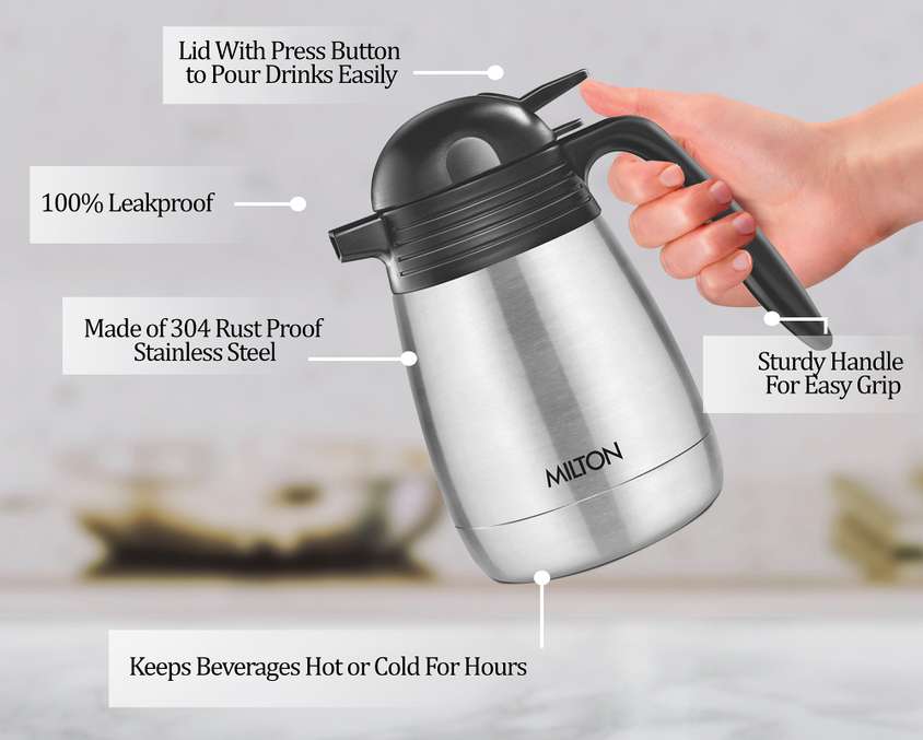 Milton Carafe 600 Stainless Steel Double Walled Vacuum Insulated Flask with Lid and Handle, 600 ml, Coffee/Tea Carafe Heat & Cold Retention, Leak Proof, Rust Free, Easy to Carry