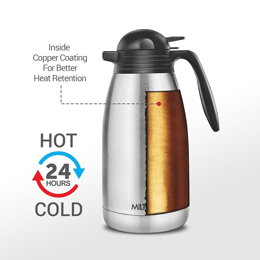 Milton Carafe 2000Ml Stainless Steel Double Walled Vacuum Insulated Flask with Lid and Handle, 2000 ml, Coffee/Tea Carafe Heat & Cold Retention, Leak Proof, Rust Free, Easy to Carry