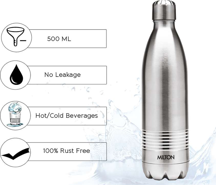 Milton Duo DLX 500 Ml Thermosteel Water Bottle 500 ml, 24 Hr Hot and Cold I Leak Proof Lid, ISI Certified I Vacuum Insulated I for Office, Gym, School