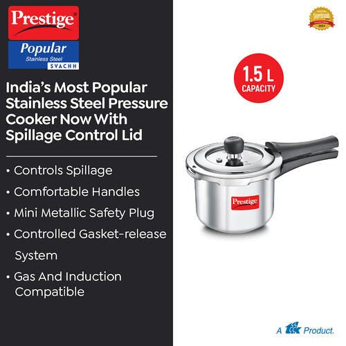 Prestige Popular Svachh Spillage Control Stainless Steel Outer Lid Pressure Cooker, 1.5 Litre