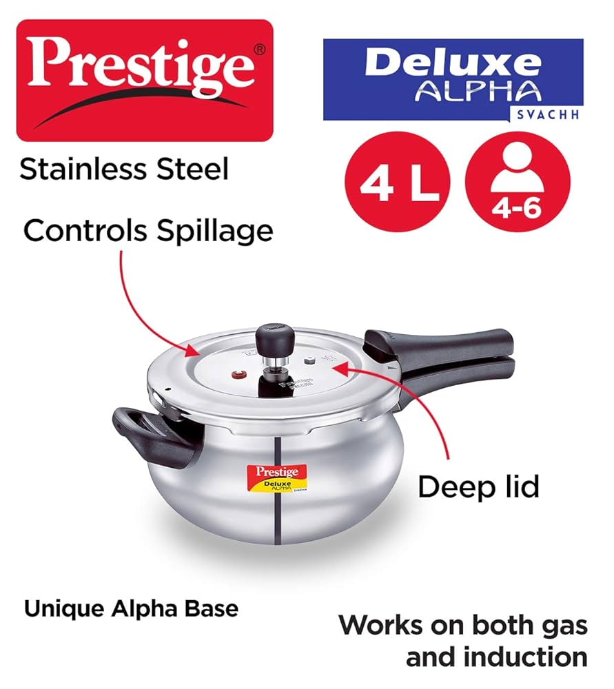 Prestige Svachh 4 L Deluxe Alpha Handi Pressure Cooker, With Deep Lid For Spillage Control, Stainless Steel,Outer Lid
