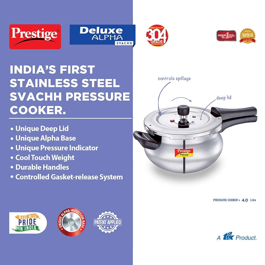 Prestige Svachh 4 L Deluxe Alpha Handi Pressure Cooker, With Deep Lid For Spillage Control, Stainless Steel,Outer Lid