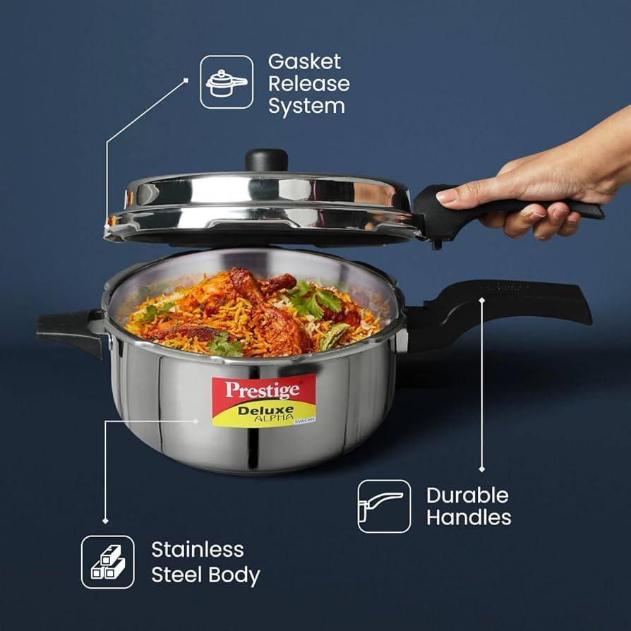 Prestige 5L Deluxe Alpha Svachh stainless steel Pressure Cooker|Outer lid|Ideal for 5-7 persons|Deep lid for spillage control|Gas & induction compatible